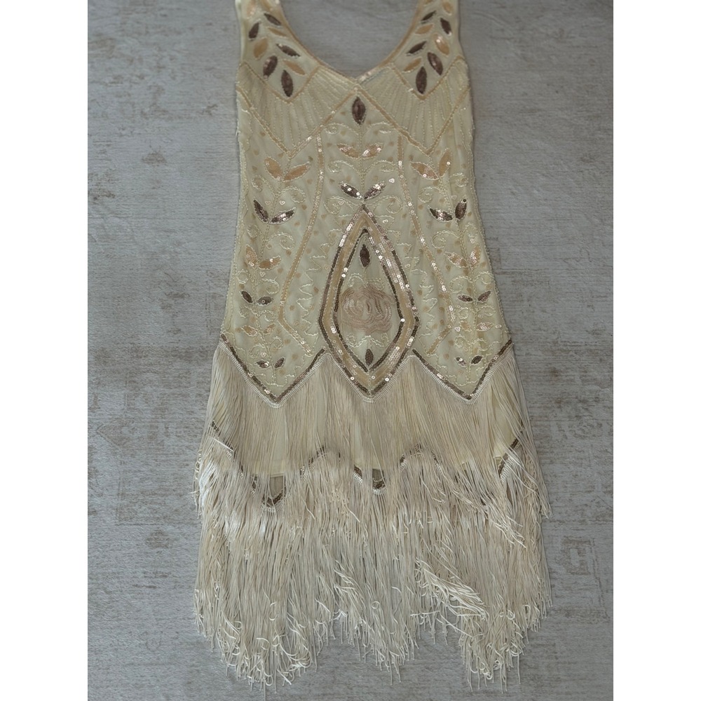 Champagne Sequin Beaded Flapper Dress Great Gatsby 1920s Fringe Cocktail Dress - Picture 6 of 15